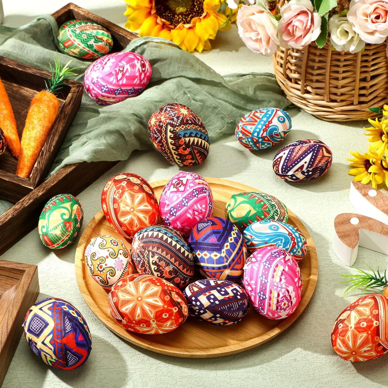 24 Pcs Pysanky Easter Eggs Ukrainian Floral Easter Spring Bowl Filler Decor Fabric Wrapped Easter Foam Eggs for Easter Home Trays Holiday Party Decorations Basket Vase Bowl Fillers